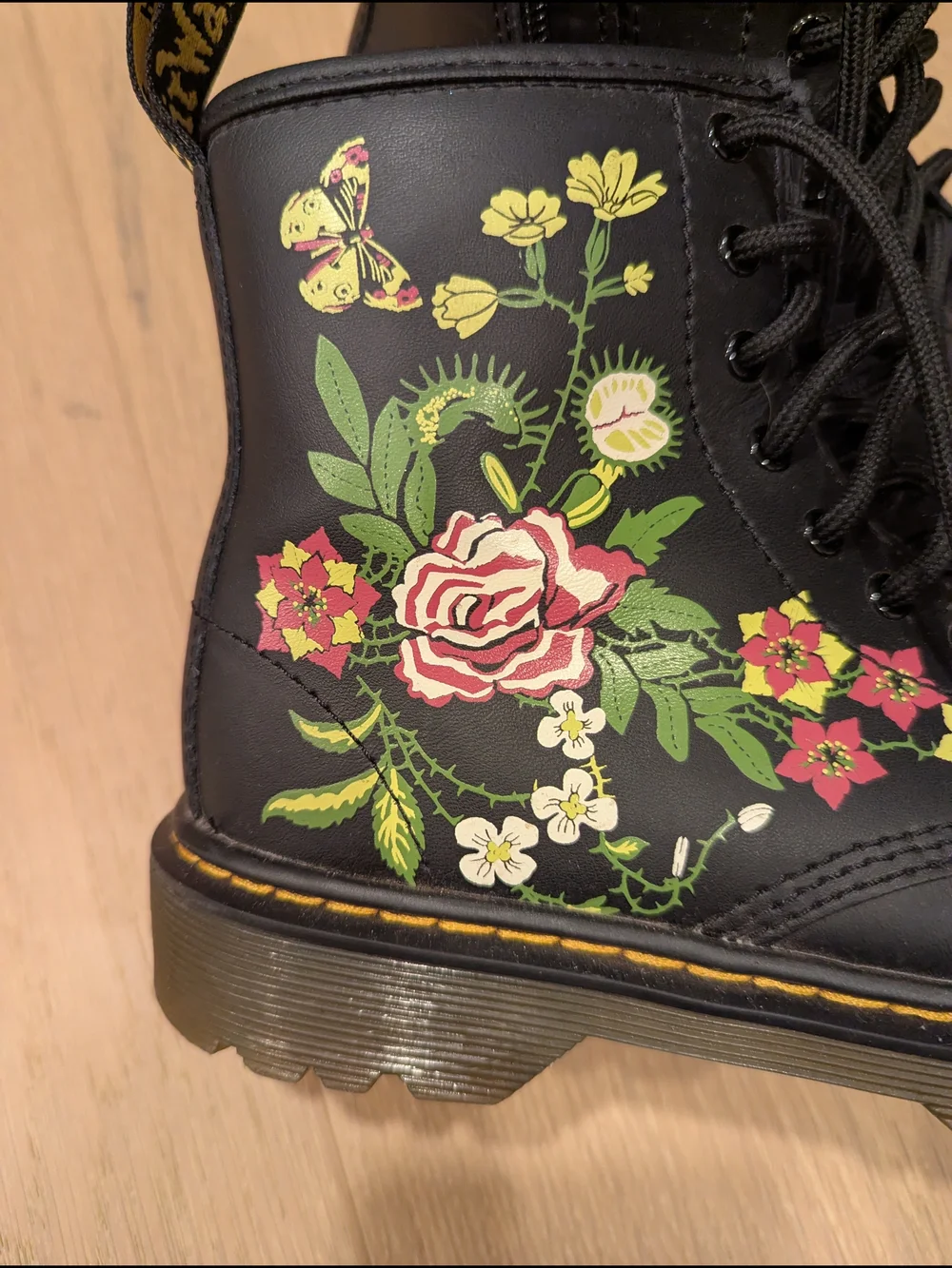 Dr. Martens Girl's Black Floral Lace-Up Combat Boots
